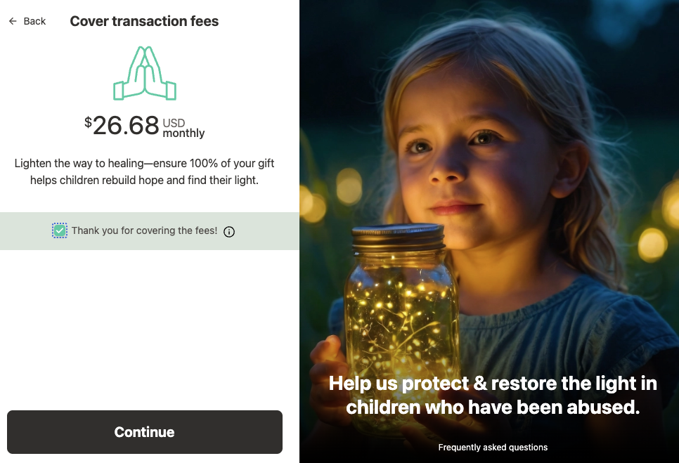 Mission Kids Child Advocacy Center donation form example on Studio